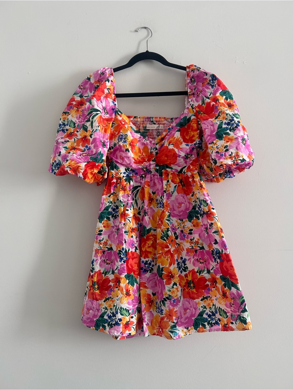 Altar'd State Floral puff sleeve cut out back cotton blend Mini Dress